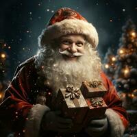 illustrazione di un' Santa Claus con un' Natale sfondo, ai generato foto