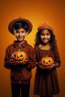 un illustrazione di bambini indossare un' Halloween costume , ai generato foto