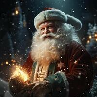 illustrazione di un' Santa Claus con un' Natale sfondo, ai generato foto