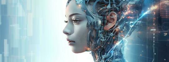 illustrazione di un' cyborg donna e ai tecnologia sfondo , ai generato foto