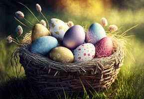 colorato dipinto Pasqua uova nel di vimini cestino all'aperto su verde erba sfondo. saluto carta per Pasqua vacanze. ai generato foto