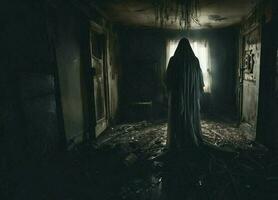 femmina demone nel un vecchio Casa, un' agghiacciante, spettrale apparizione manifestare nel un abbandonato foto