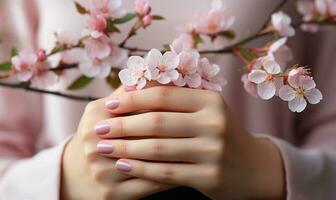 donna mani con manicure Tenere fiore. ai generato foto