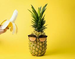 tropicale frutta con viaggio concetto, giovane donna di mano Tenere un' Banana e ananas con occhiali da sole - estate vacanza. foto