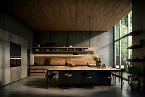 un' contemporaneo di legno cucina spazio attrezzata con un' varietà di armadietti e pavimentazione, abbondanza di Conservazione e elegante estetico foto