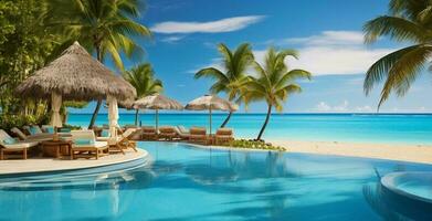 lussuoso nuoto piscina e lettini ombrelli vicino spiaggia e mare con palma alberi e blu cielo. ai generato foto
