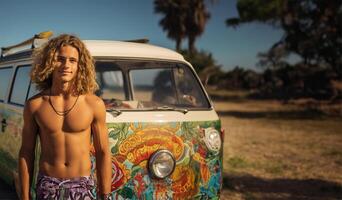 surfer in posa nel davanti di il suo furgone con un' tavola da surf nel il suo mani vicino il spiaggia. ai generato foto