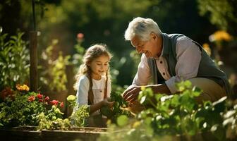 nonno con nipoti nel casa giardino. ai generato foto