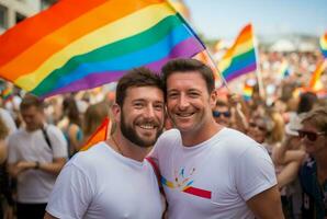 Due uomini con lgbt bandiere a il gay orgoglio dimostrazione. ai generato foto