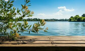 tranquillo in riva al lago scena durante estate. ai generato foto