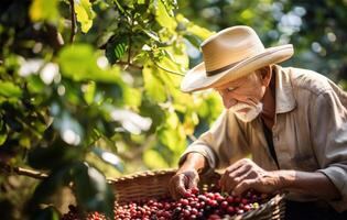 vecchio uomo raccolta caffè a partire dal un' caffè piantagione. ai generato foto