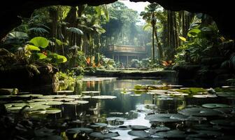 bellissimo tropicale giardino abbondante con lussureggiante vegetazione. ai generato foto