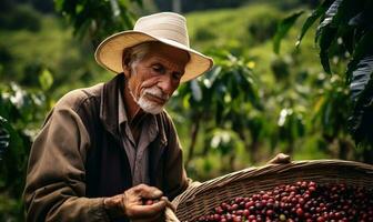 vecchio uomo raccolta caffè a partire dal un' caffè piantagione. ai generato foto