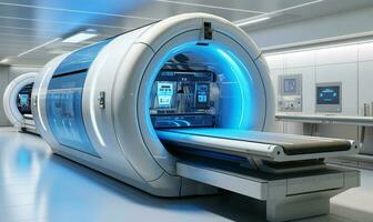 Avanzate raggi X scansione macchina nel un' futuristico ospedale o assistenza sanitaria laboratorio. ai generato foto