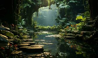 bellissimo tropicale giardino abbondante con lussureggiante vegetazione. ai generato foto