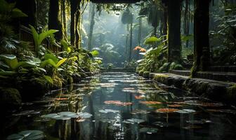 bellissimo tropicale giardino abbondante con lussureggiante vegetazione. ai generato foto