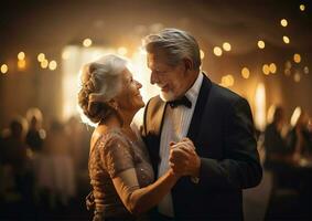 contento danza romantico amorevole vecchio coppia a il nozze. ai generato foto