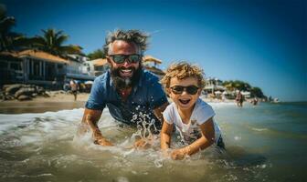 anziano uomo e un' bambino giocando e spruzzi con acqua su un' spiaggia nel estate. ai generato foto