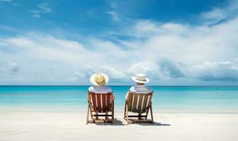pensionato in viaggio coppia riposo insieme su sole lettini durante spiaggia vacanze su un' tropicale isola. ai generato foto