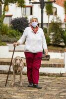 anziano donna indossare un' casa fatto viso maschera e avendo un' corto camminare all'aperto con sua animale domestico durante il coronavirus quarantena de-escalation foto