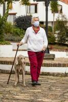 anziano donna indossare un' casa fatto viso maschera e avendo un' corto camminare all'aperto con sua animale domestico durante il coronavirus quarantena de-escalation foto
