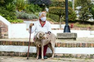 anziano donna indossare un' casa fatto viso maschera e godendo alcuni tempo all'aperto con sua animale domestico durante il coronavirus quarantena de escalation foto