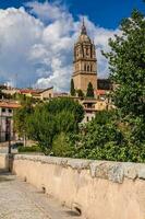 Visualizza di il vecchio città e il Cattedrale di salamanca visto a partire dal il storico romano ponte anche conosciuto come puente Sindaco del tormes foto