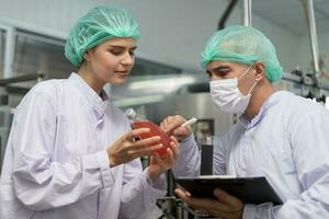 un' qualità supervisore o cibo o bevande tecnico discutere di processi controllo di cibo e farmaci prima Spedire Prodotto per il cliente. produzione capo ricontrollare ingrediente e produttività. foto