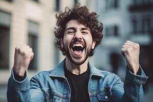 ai generativo giovane uomo con Riccio capelli e jeans giacca nel il città festeggiare successo foto