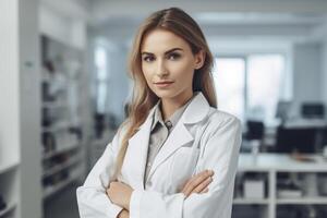 ai generativo ritratto di un' sorridente femmina medico in piedi con braccia attraversato nel il ufficio foto