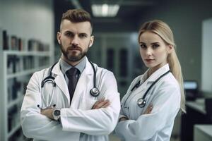 ai generativo ritratto di fiducioso medici in piedi con attraversato braccia nel moderno ospedale corridoio foto