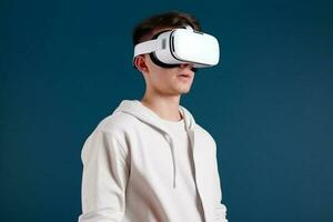 ai generativo giovane uomo indossare virtuale la realtà occhiali. isolato su solido sfondo foto