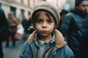 ai generativo ritratto di un' carino poco ragazzo su il strada nel il città foto