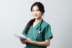 ai generativo ritratto di un' sorridente femmina infermiera con stetoscopio e appunti foto