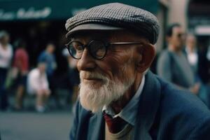 ai generativo ritratto di un vecchio uomo indossare cappotto su il strada foto