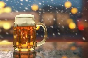 schiumoso birra nel grande bicchiere boccale sta nel Locale bar su Oktoberfest, ai generato foto