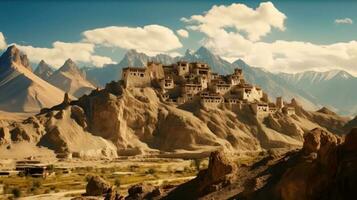 ultraterreno fascino di ladakh drammatico montagne, turchese pietra edificio a partire dal montagna ai generativo foto