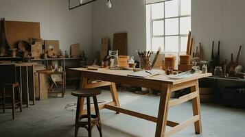 interno di moderno artista posto di lavoro con spazzole e vernici su tavolo. generativo ai foto