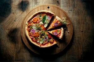 digitale disegno Pizza servito su di legno sfondo superiore Visualizza. generativo ai foto