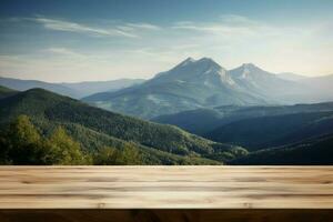 di legno scrivania montagne tramonto. creare ai foto