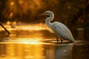 airone lago tramonto vittoria. creare ai foto