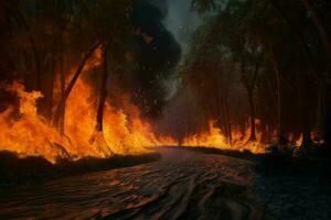 sfolgorante fiamme strada vicino fiume. creare ai foto