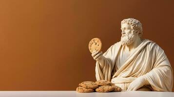 arte scultura di antico italiano a partire dal marmo con un' cioccolato patata fritta biscotto isolato su un' pastello sfondo con un' copia spazio foto