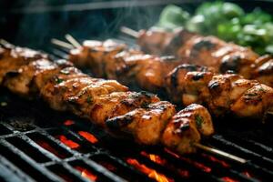 Maiale kebab è grigliato su un' barbecue su un' nero sfondo. generativo ai tecnologia foto