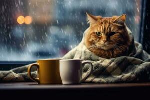un' gatto nel un' plaid è potabile tè. generazione ai tecnologia. foto