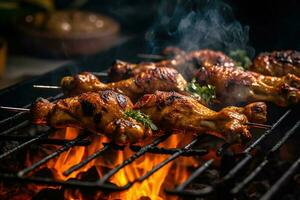 pollo kebab è grigliato su un' barbecue su un' nero sfondo. suono. generativo ai tecnologia foto