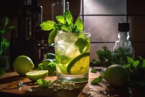 Mojito cocktail con ghiaccio su un' nero sfondo. generativo ai tecnologia. foto