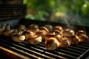 funghi champignons su un' barbecue su un' buio sfondo. generativo ai tecnologia. foto