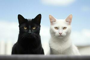 ai generativo Due nero e bianca gatti seduta insieme foto
