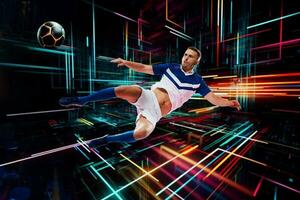 calcio scena con calcio giocatore su futuristico digitale sfondo. generativo ai foto